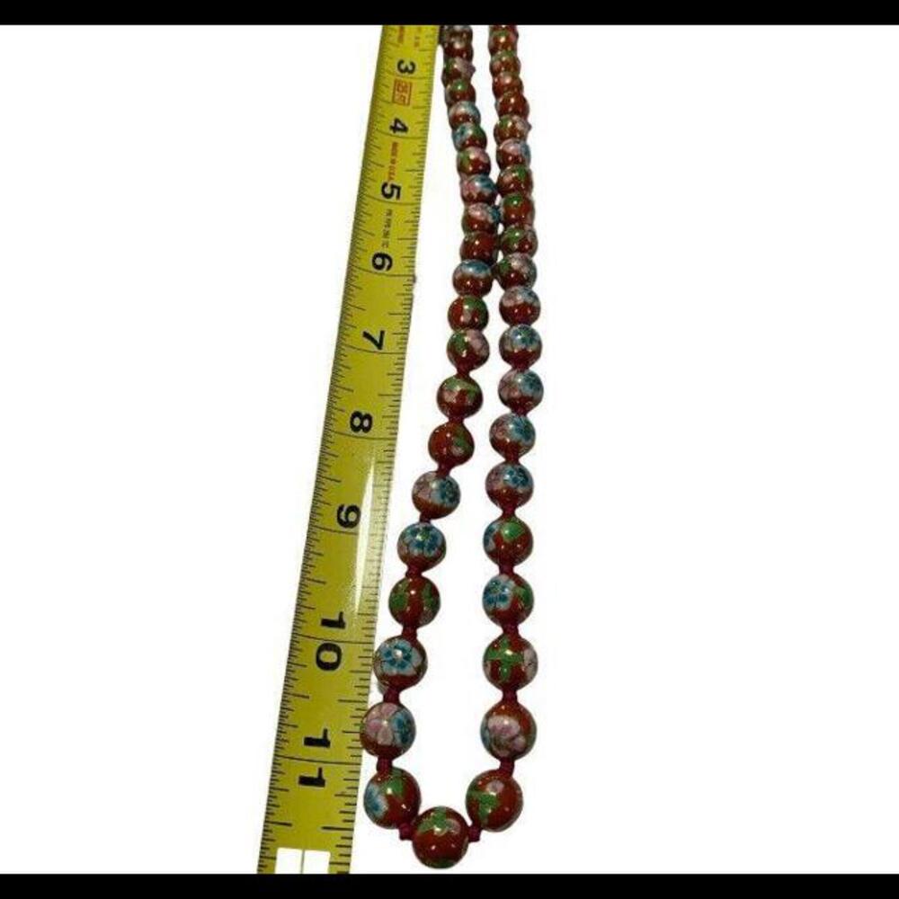 CHINESE EXPORT CLOISONNÉ ANTIQUE NECKLACE LARGE BEADS FLORAL DESIGN RED ENAMEL - Picture 12 of 12